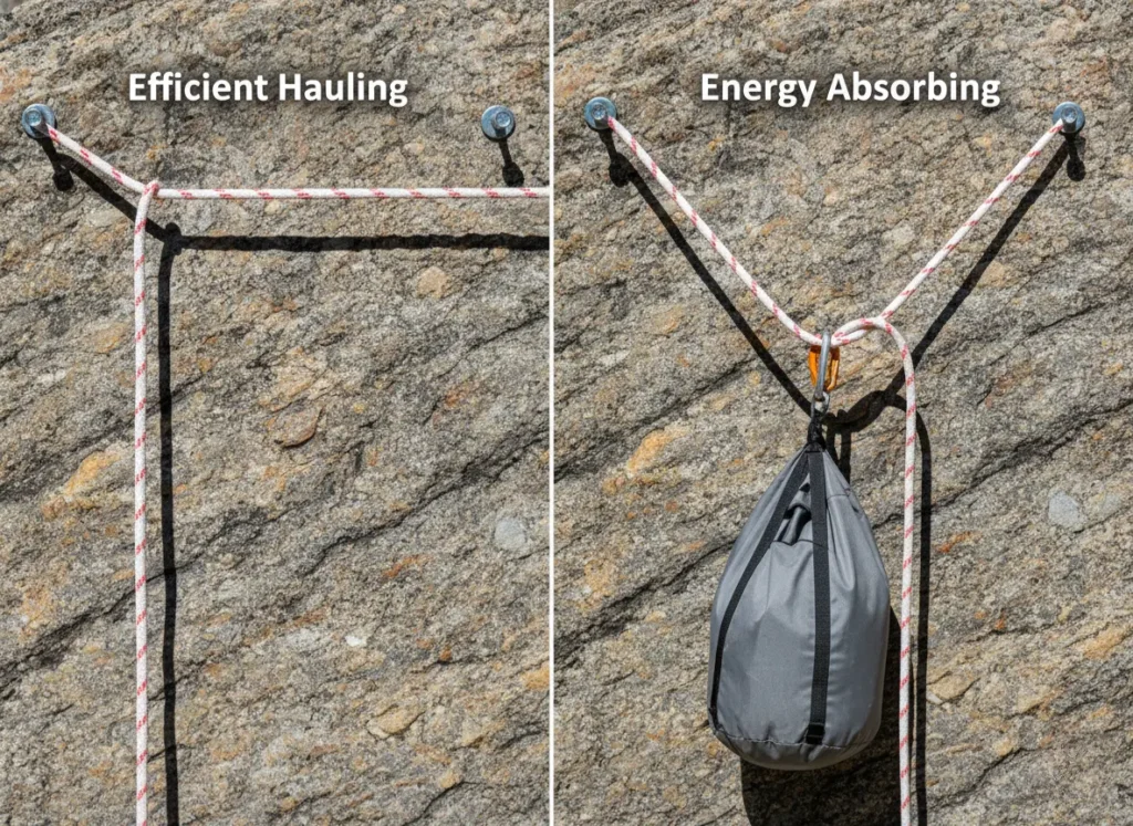 A side-by-side comparison showing a taut static rope versus a stretched dynamic rope to illustrate the concept of elongation.
