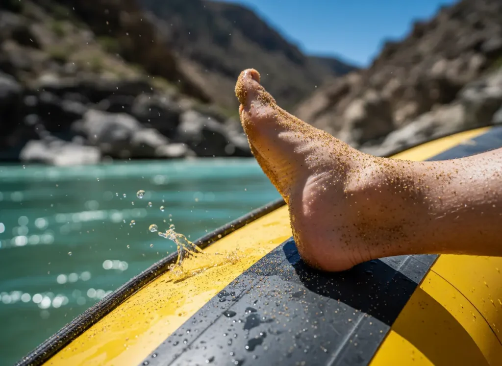 A close-up of a wet, sandy foot resting on the side of a raft, illustrating the harsh river environment on the skin.