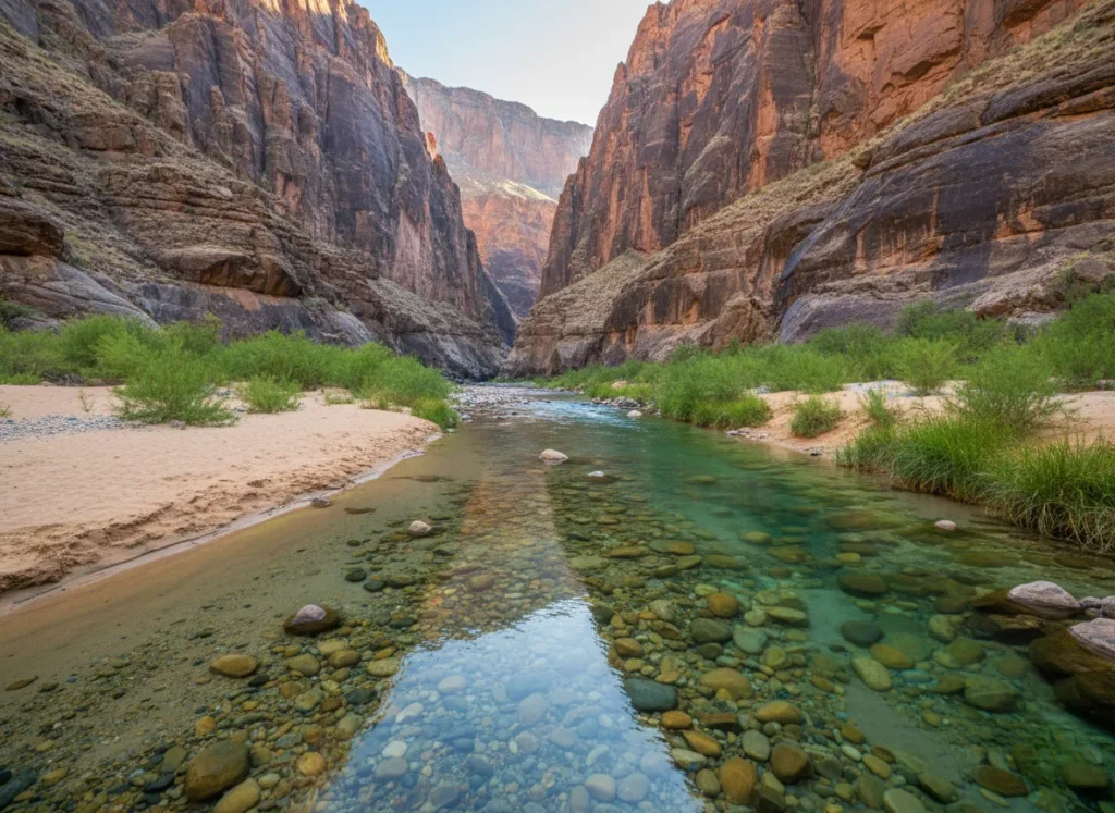 A pristine, untouched river canyon with clear water and clean sandy banks, representing the ideal state preserved by Leave No Trace ethics.