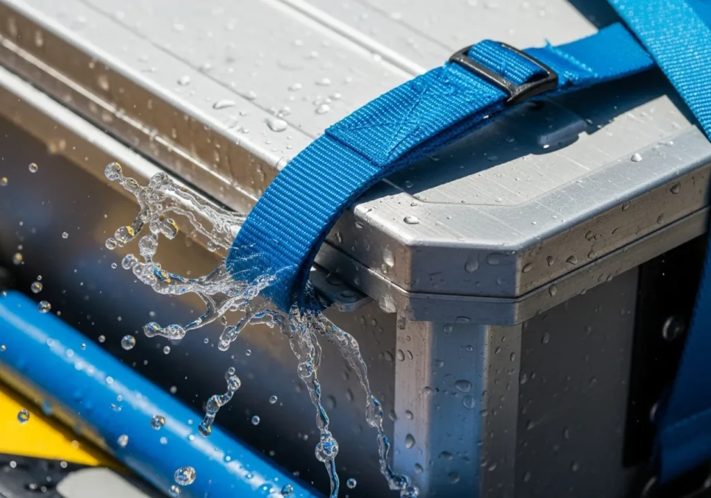A close-up of a taut blue cam strap securing a dry box on a raft, with a splash of water hitting it to illustrate the concept of force and physics.