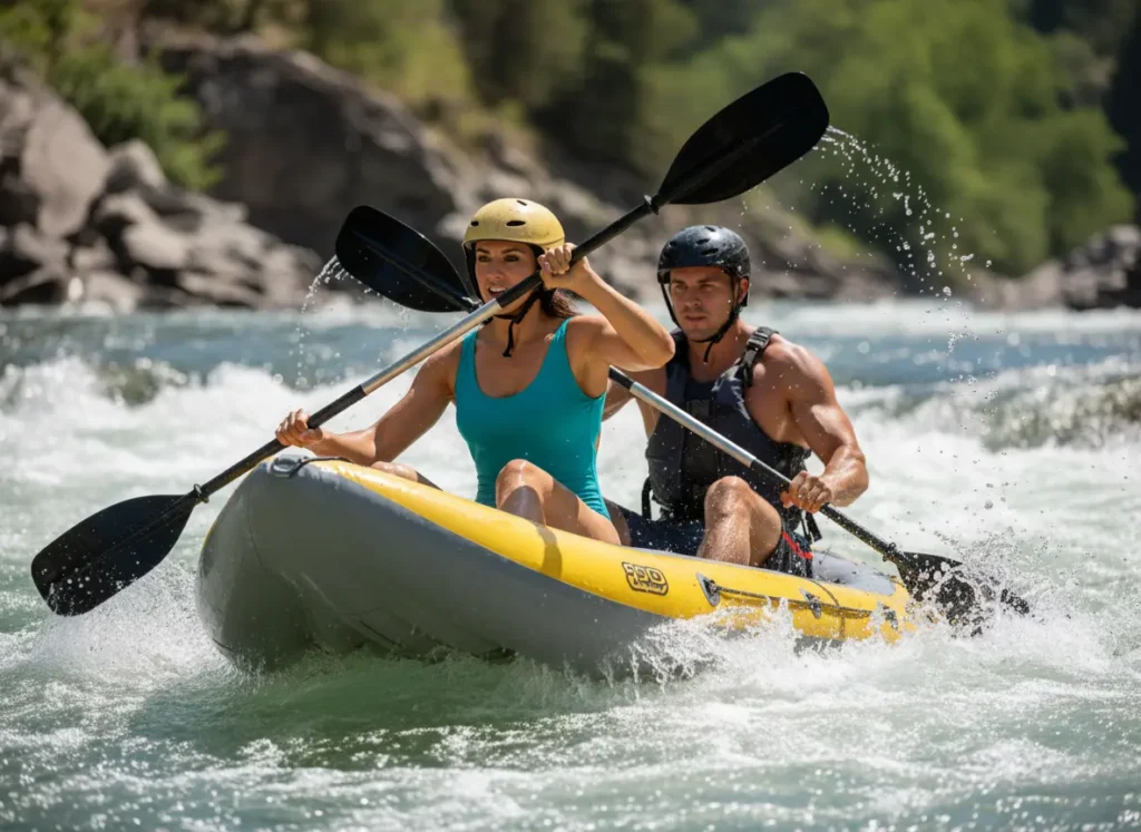 A fit, athletic man and woman paddle a kayak in perfect sync through intense whitewater rapids, showcasing peak performance.