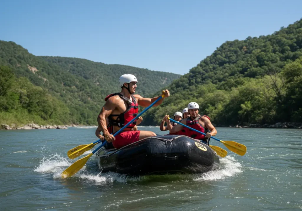 A muscular man demonstrates a core-driven forward paddle stroke in a raft on a wide, scenic river.