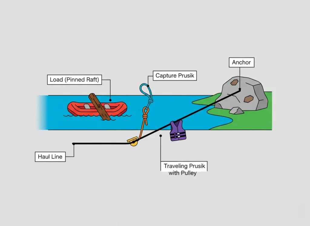 A diagram illustrating how to rig a 3:1 Z-drag mechanical advantage system. It shows the anchor, the load (a pinned raft), the rope path, the capture prusik, the traveling prusik with a pulley, the haul line, and a system damper.
