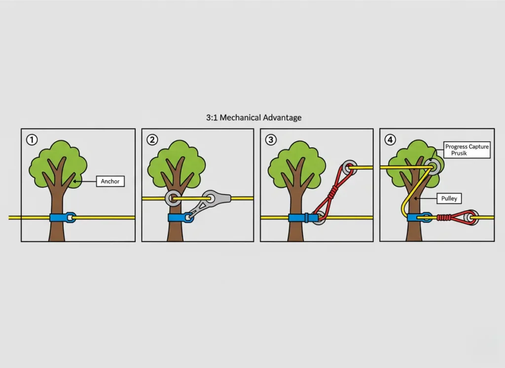 A 4-step vector diagram illustrating how to set up a 3:1 Z-drag mechanical advantage system for whitewater rescue, showing the anchor, pulleys, progress capture prusik, and haul line.