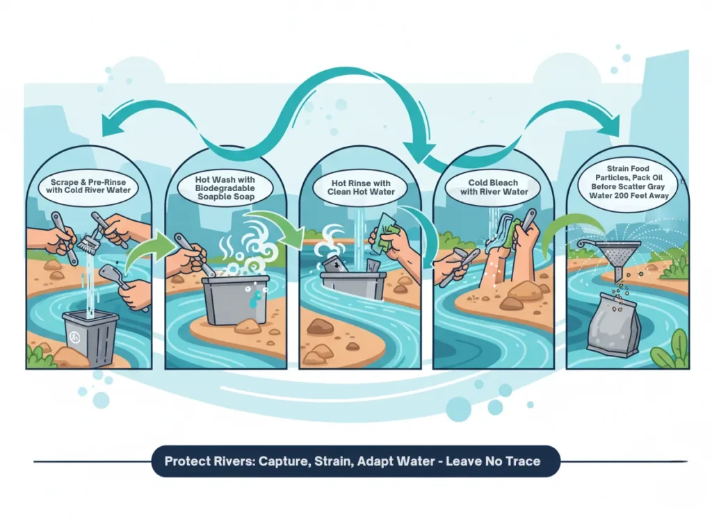 A dynamic educational infographic illustrating the Leave No Trace 4-Bucket System for eco-friendly dishwashing in river environments, featuring a sequential flow diagram with vibrant river-themed illustrations of scraping, washing, rinsing, sanitizing steps, followed by straining and scattering gray water, in a professional vector style emphasizing environmental protection.