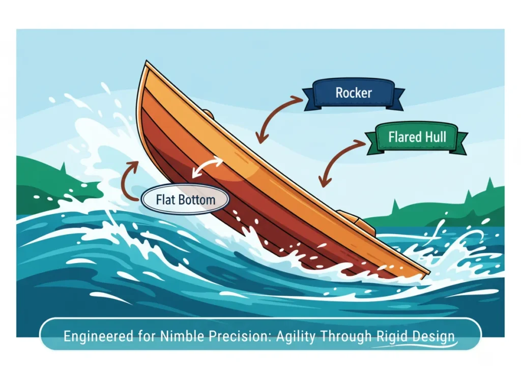 Annotated side-profile diagram of a whitewater dory boat highlighting its flat bottom for stability, pronounced rocker curve for effortless pivoting, and flared hull sides for spray deflection and secondary stability, in a vibrant explainer illustration style.