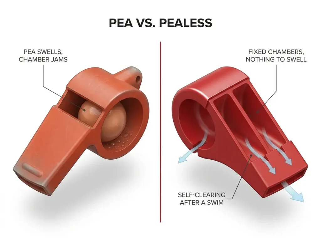 Diagram comparing a jammed pea whistle chamber to a self-clearing 3-chamber pealess whistle with water flow arrows