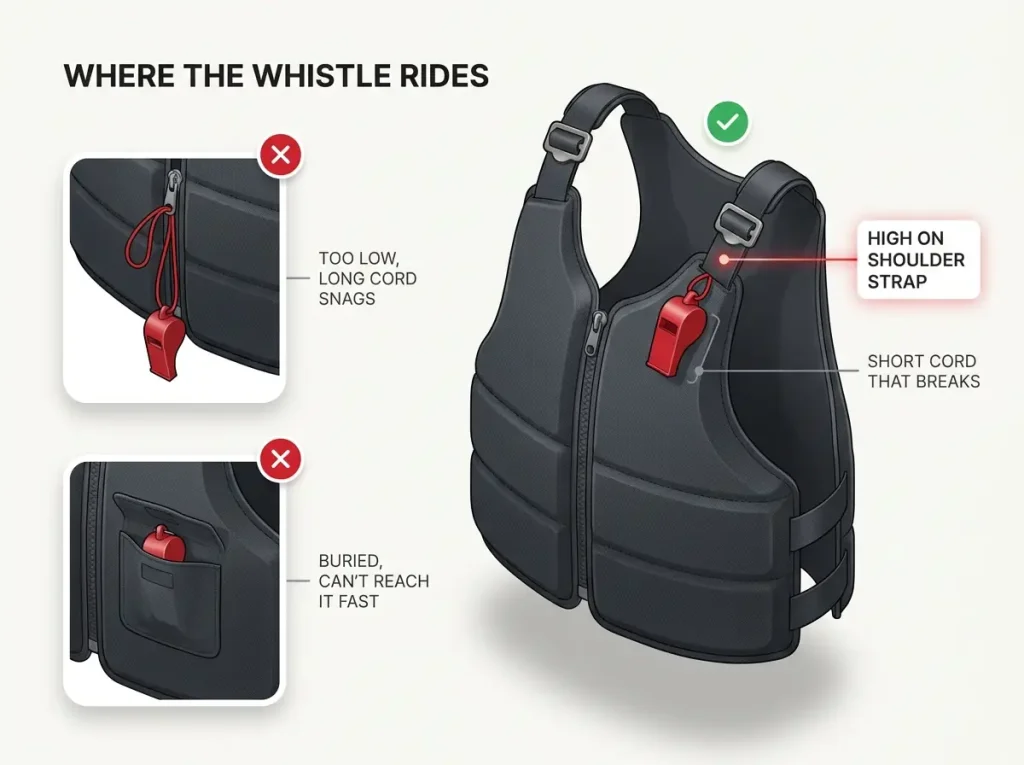 Annotated PFD diagram showing correct whistle mount on the shoulder strap versus zipper pull and pocket mounting mistakes