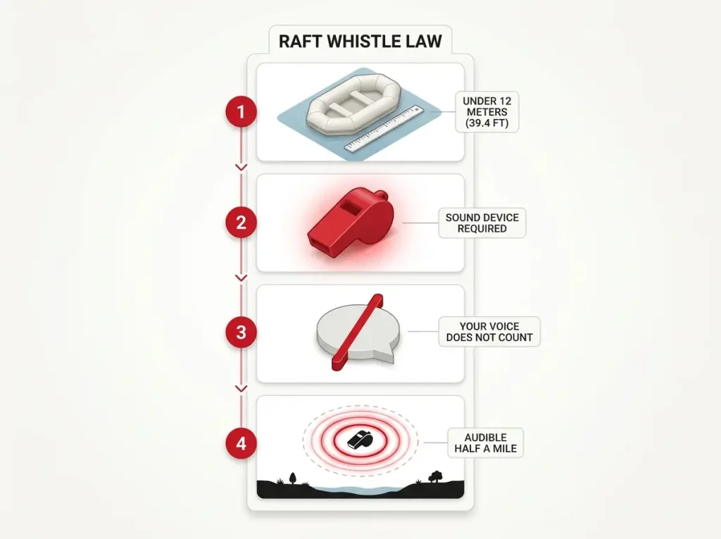 Infographic showing USCG raft whistle legal requirements with vessel length, sound device rule, and half-mile audibility yardstick