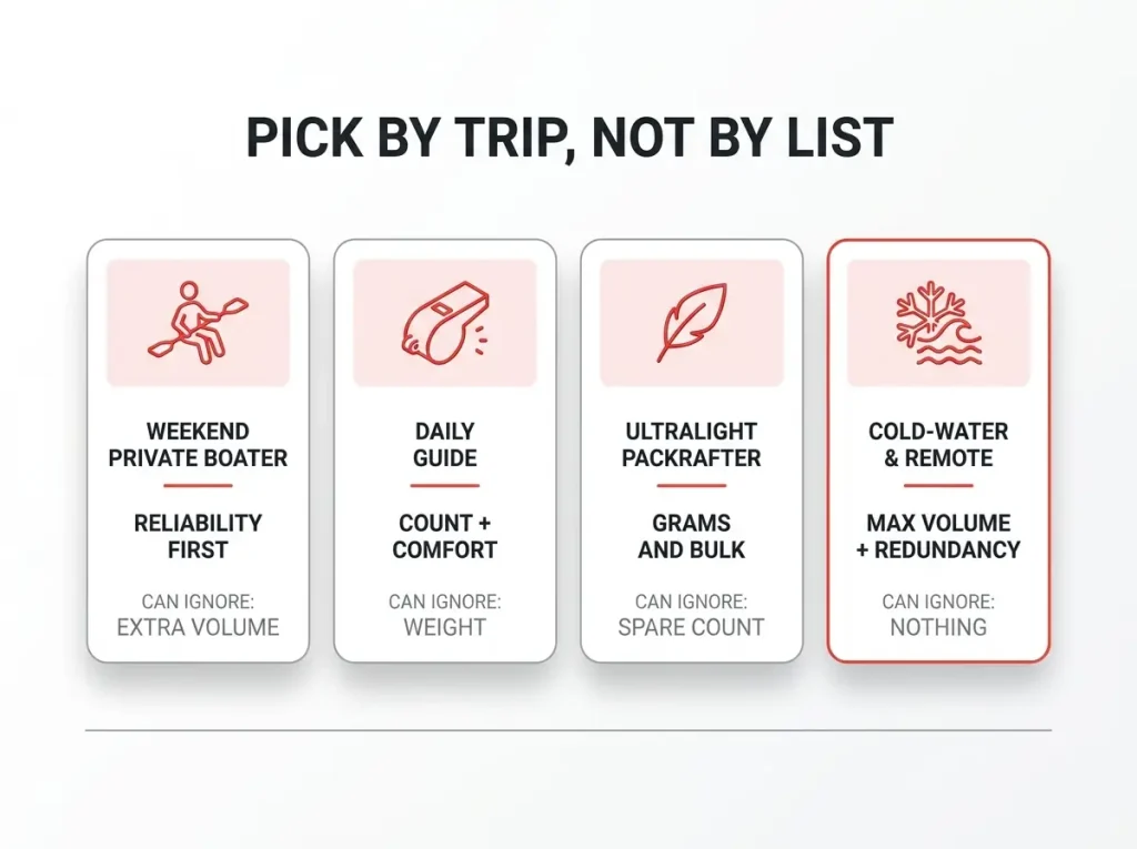 Four-column comparison chart showing whistle priorities for weekend boaters, guides, packrafters, and cold-water trips