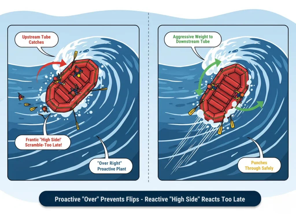 Top-down infographic diagram comparing reactive "High Side" command failure in whitewater rafting (Path A) versus proactive "Over" command success (Path B), illustrating raft paths through a lateral wave with dynamic weight-shifting arrows and safety outcomes.