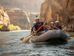 Advanced Raft Ferrying System: A Guide to Safe Maneuvers A male raft guide in his early 30s skillfully executes a back ferry with an oar rig on a sunny river in a deep canyon.