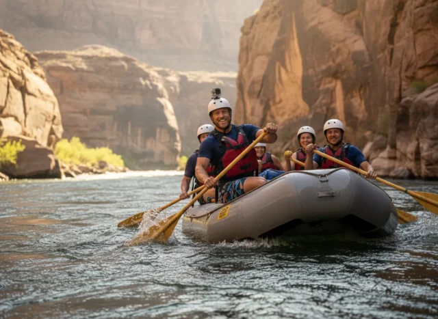 advanced-raft-ferrying-system-guide A male raft guide in his early 30s skillfully executes a back ferry with an oar rig on a sunny river in a deep canyon.