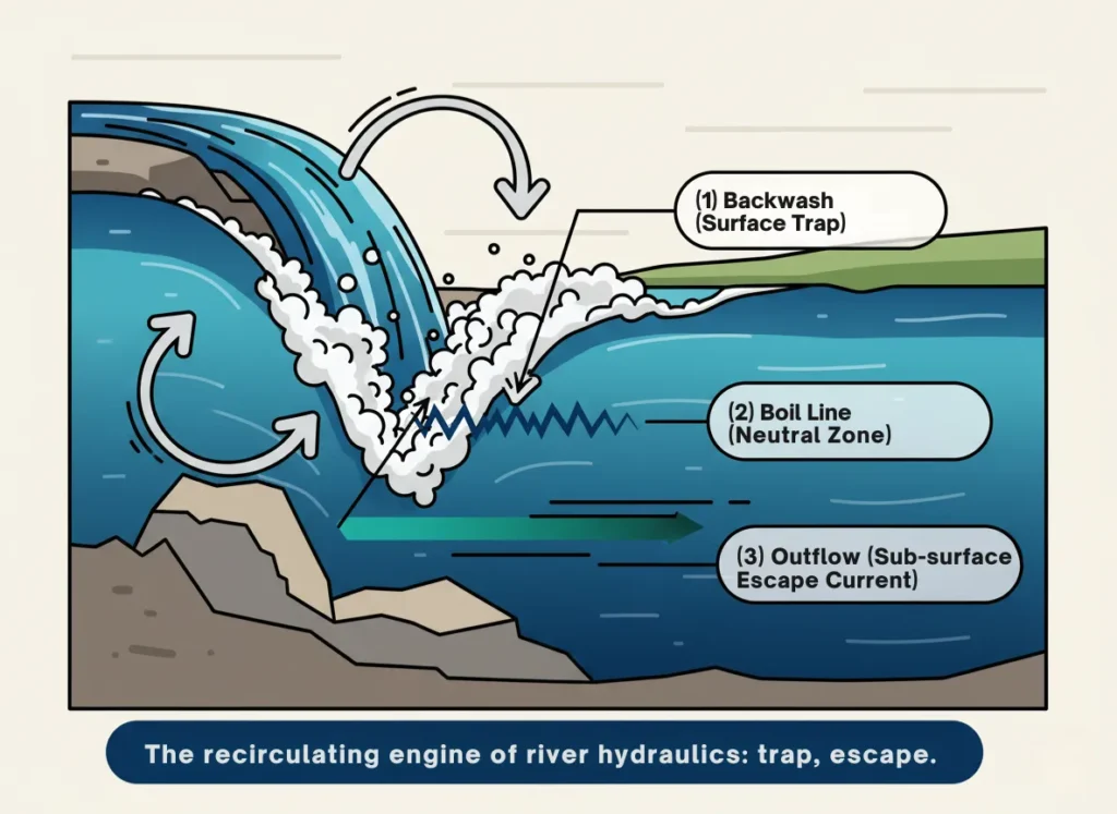 A dynamic cross-sectional infographic diagram illustrating the anatomy of a keeper hydraulic in a river, featuring labeled zones including the backwash surface trap with upstream flow, boil line neutral zone with colliding currents, and outflow sub-surface escape current with downstream direction, in a vibrant flat vector style evoking river turbulence and safety education.