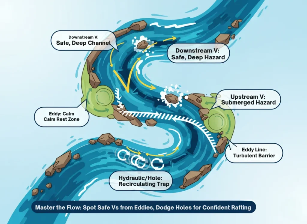 Top-down infographic diagram illustrating the key features of a river rapid for safe rafting navigation, including downstream V for safe channels, upstream V for hazards, eddies as rest zones, eddy lines as turbulent barriers, and hydraulics as danger zones, in a vibrant explainer style