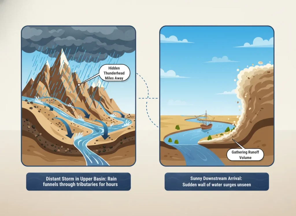 A dynamic two-panel infographic illustrating the anatomy of a blue sky flash flood, showing distant thunderstorm runoff in mountainous terrain funneling into a surging river wave under clear skies, with explanatory arrows and labels in a vibrant educational style.