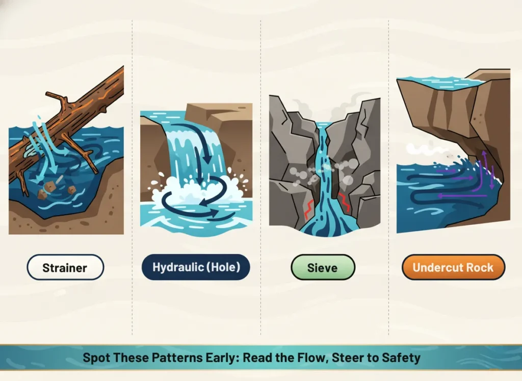 Educational infographic illustrating cross-sectional views of four deadly river hazards—strainer, hydraulic, sieve, and undercut rock—revealing hidden subsurface water flows and safe navigation cues in a dynamic, vector-style diagram for whitewater safety.