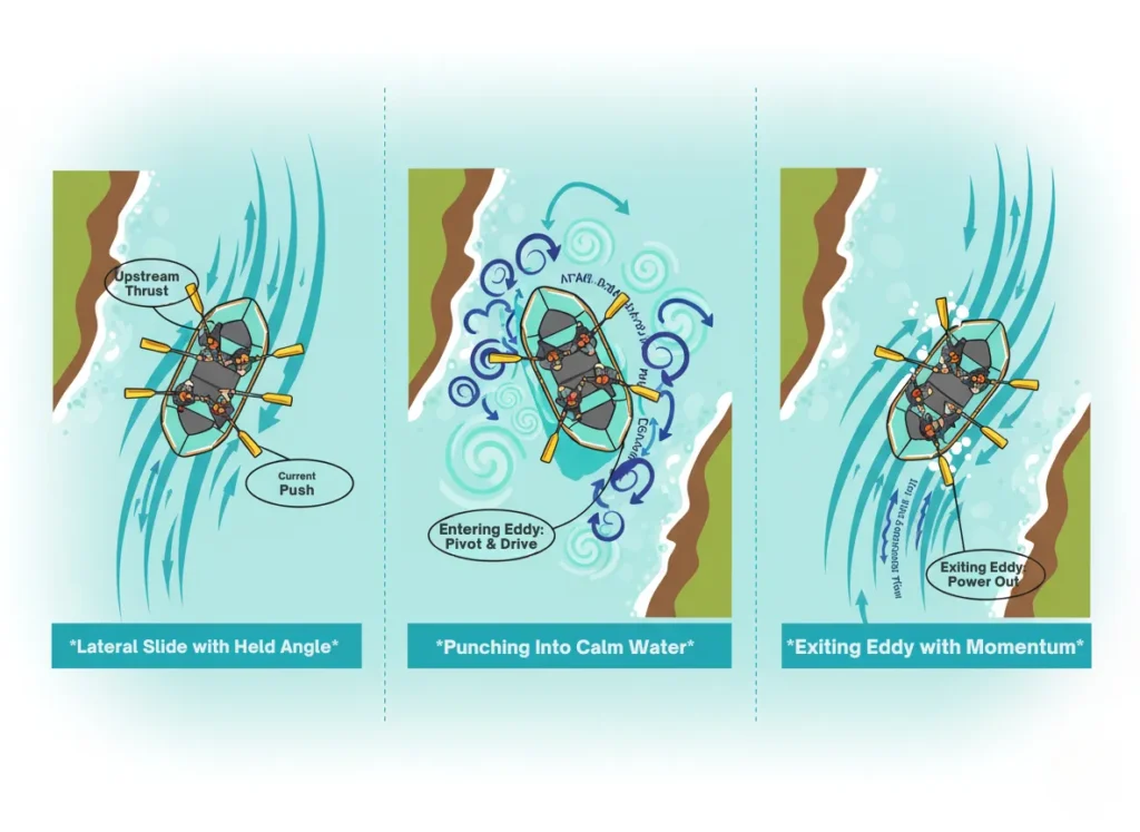 A three-panel infographic illustrating top-down views of essential raft maneuvers: ferrying across current, entering an eddy, and peeling out, with angled raft positions, directional paddle strokes, and flow indicators in a clean, energetic vector style