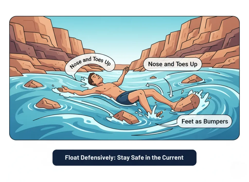 A vibrant educational diagram illustrating the Defensive Swim Position for whitewater safety, showing a person floating on their back with feet downstream, labeled elements for nose and toes upward and feet as bumpers, in a dynamic infographic style.