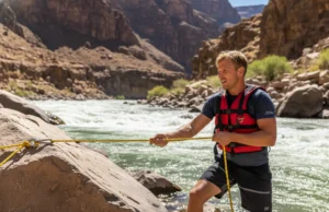 The Definitive 5:1 Rigging Guide for Whitewater Rafters A male rafter in a life vest managing a 5:1 rope rescue system on a rocky riverbank.