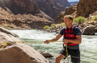 The Definitive 5:1 Rigging Guide for Whitewater Rafters A male rafter in a life vest managing a 5:1 rope rescue system on a rocky riverbank.