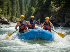 Every Major USA Whitewater Festival: Your 2026 Field Guide Three excited rafters, two men and one woman, paddle together through a large rapid on a sunny day in a beautiful river canyon.