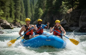 Every Major USA Whitewater Festival: Your 2026 Field Guide Three excited rafters, two men and one woman, paddle together through a large rapid on a sunny day in a beautiful river canyon.