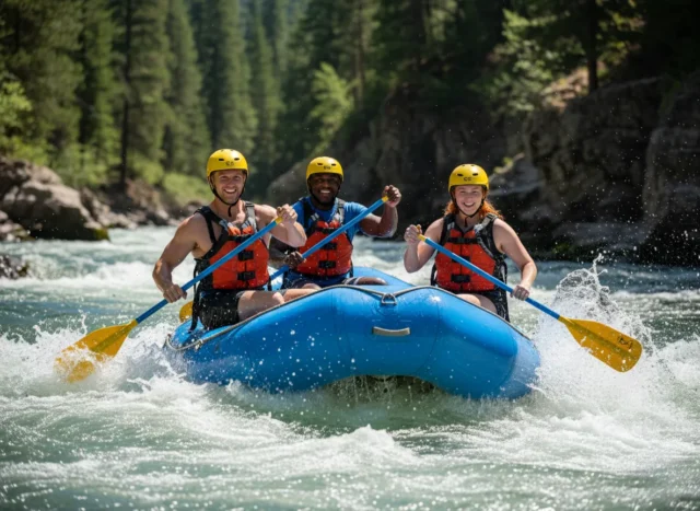 every-major-usa-whitewater-festival-your-field-guide Three excited rafters, two men and one woman, paddle together through a large rapid on a sunny day in a beautiful river canyon.