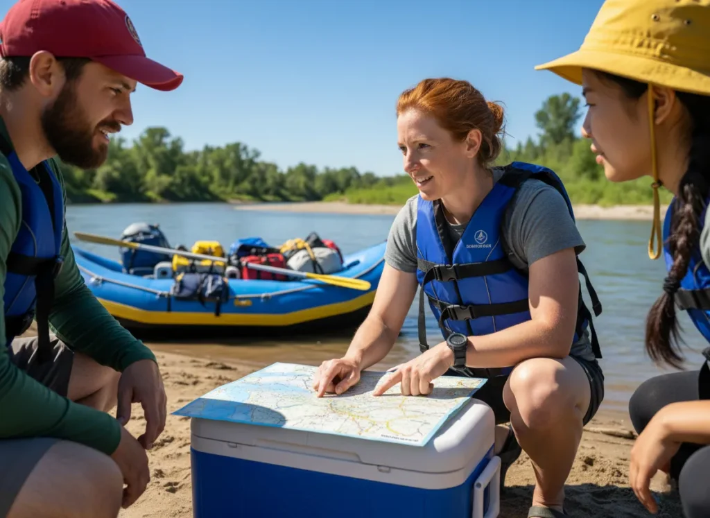 A confident female trip leader points to a river map, explaining the route to her crew during a private rafting expedition.