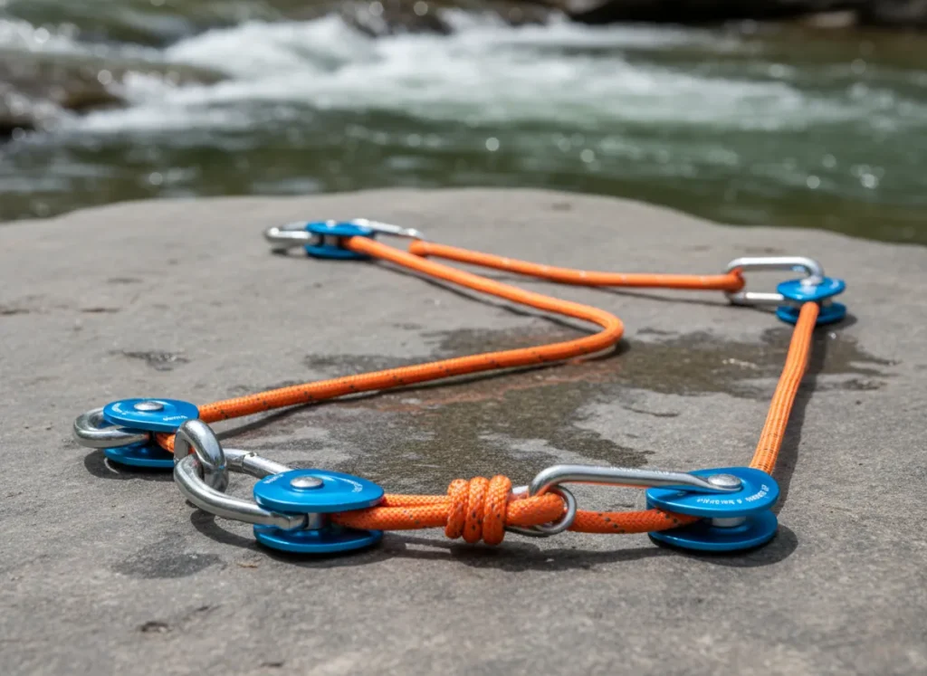 A 5:1 mechanical advantage pulley system with orange rope and blue pulleys laid out on a rock.