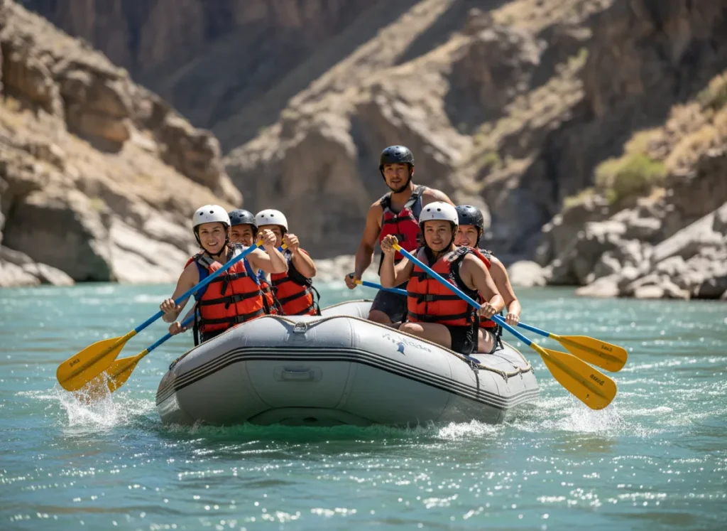 A raft guide in the stern of a paddle raft uses a corrective stroke while his crew paddles in sync to execute a forward ferry.
