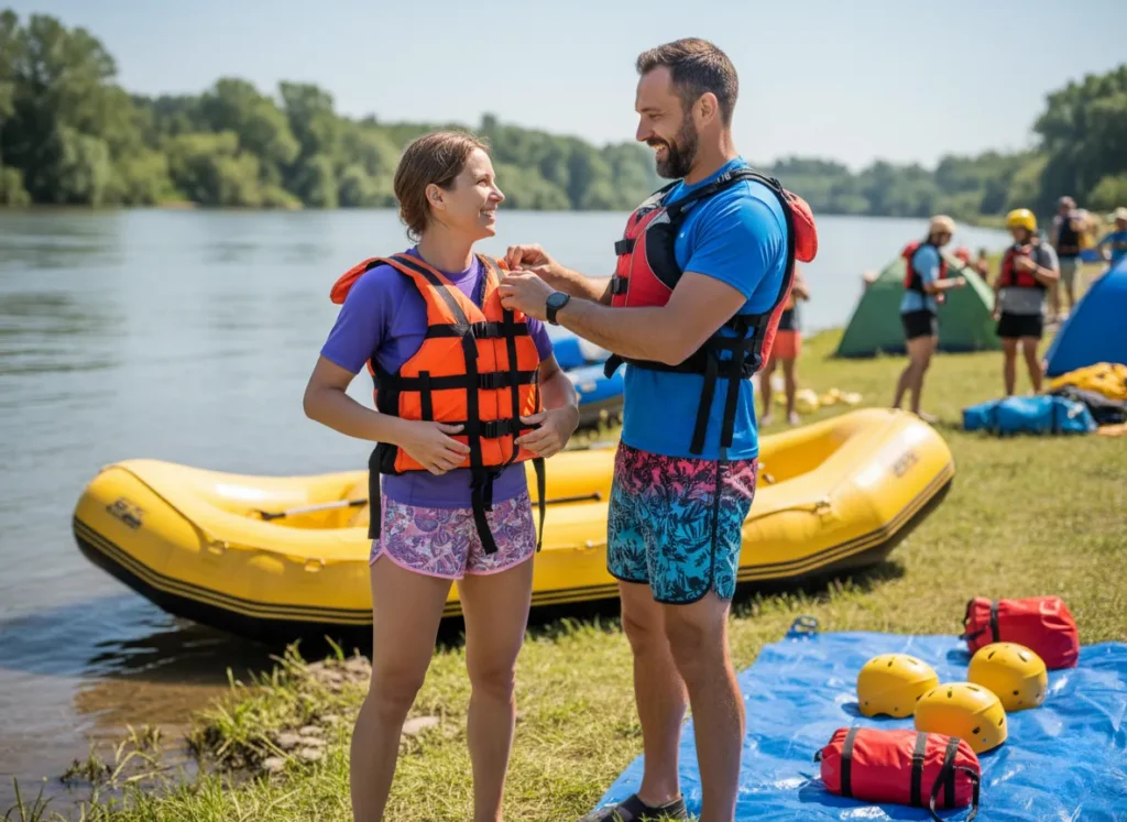 A man helps a woman adjust her life vest on a riverbank, both smiling as they prepare their rafting gear for a day on the water.
