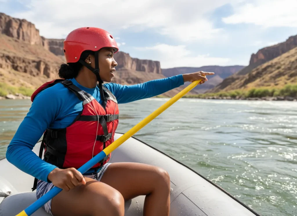 A female raft guide with a focused expression points downriver with her paddle to identify a safe line through upcoming rapids.