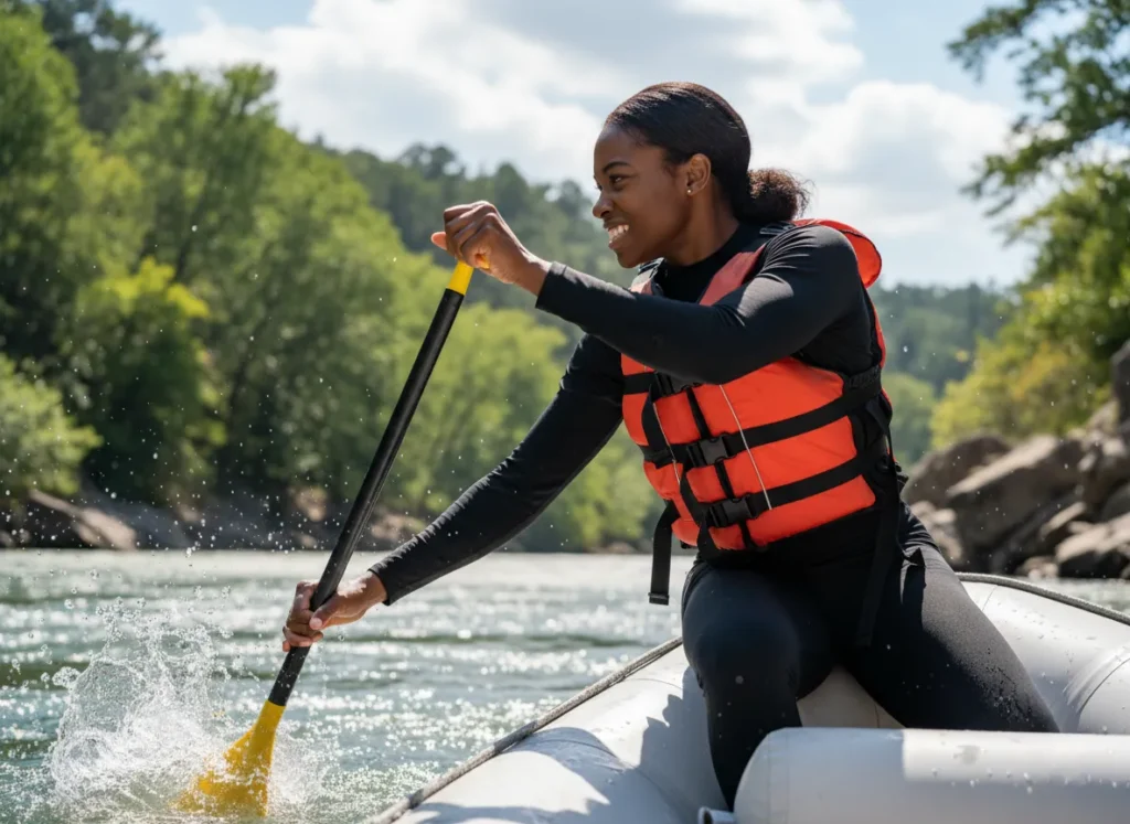 An athletic woman demonstrates a powerful and technically proficient paddle stroke, using her core and torso for leverage while rafting.