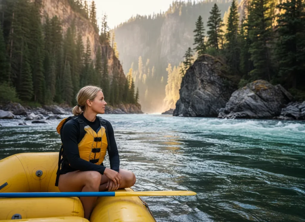 A female rafter sits peacefully in her raft, looking out at the serene river canyon, embodying the connection between skill and nature.