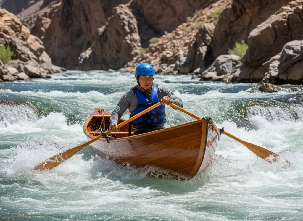 A skilled male guide actively rows a dory to defensively maneuver around a large wave in a Grand Canyon rapid.