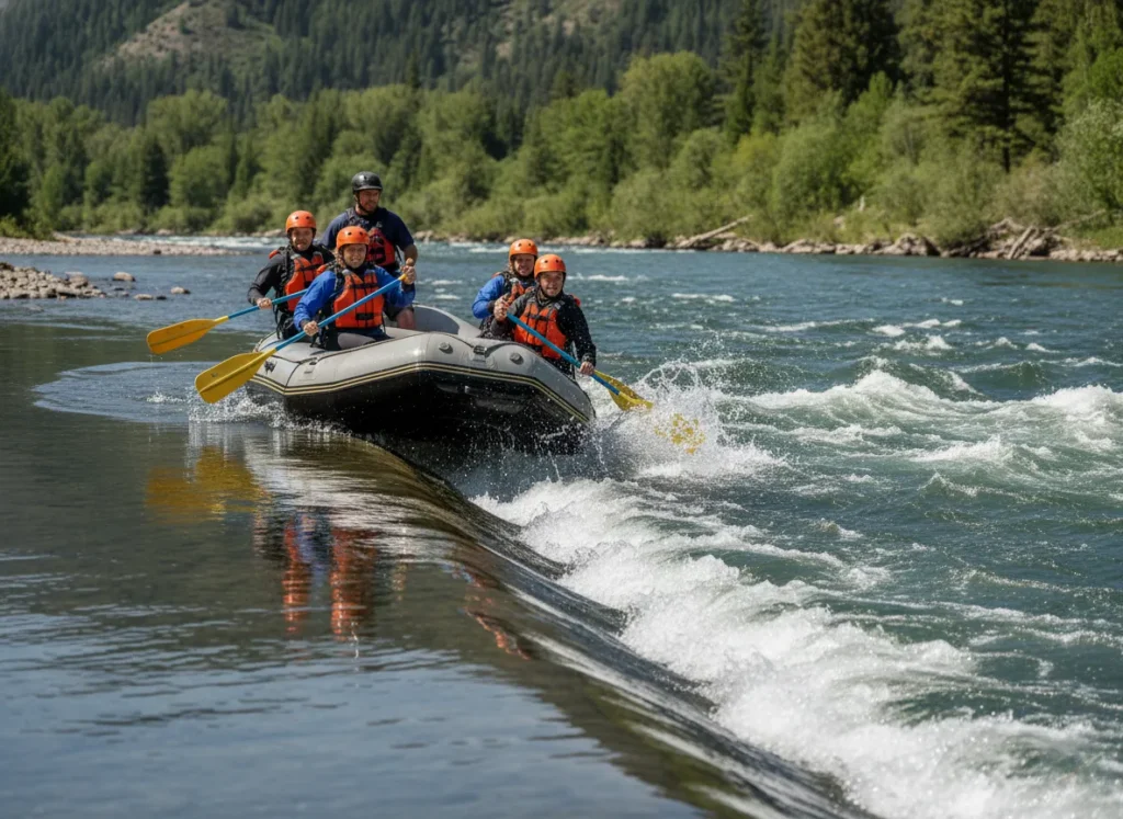 A rafting team applying their skills to navigate from a calm eddy into the main current of a whitewater river.