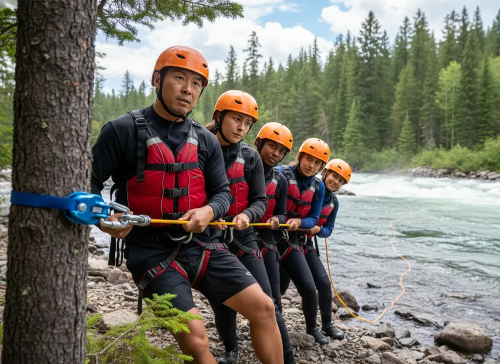 A rafting rescue team safely pulling on a haul line, using a change-of-direction pulley to stay out of the impact zone.