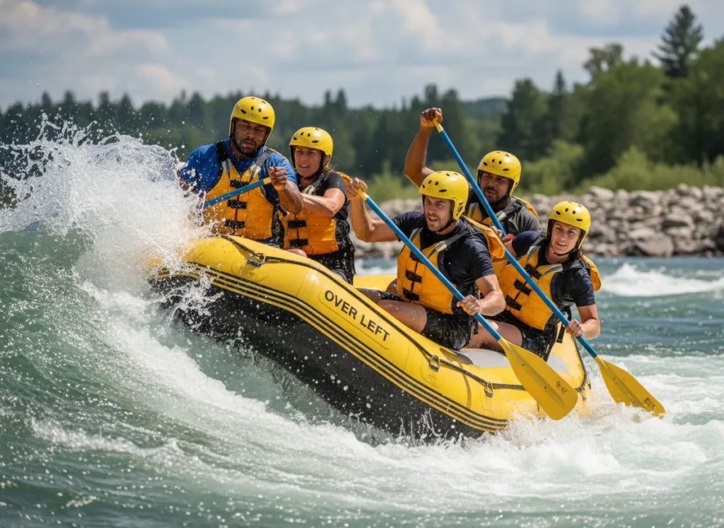 A coordinated rafting team leans together in an 'Over' command to weight the downstream tube before hitting a large wave.