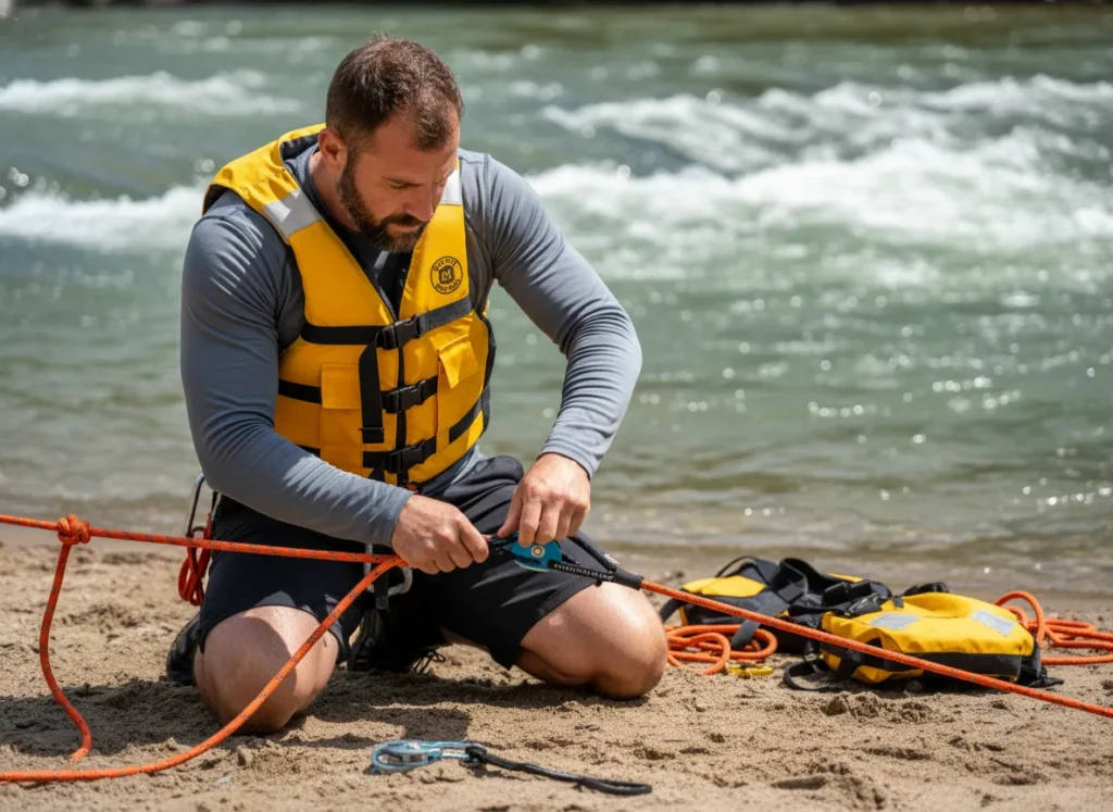 A male rafter kneeling on a riverbank, building a 5:1 pulley system with ropes and carabiners.