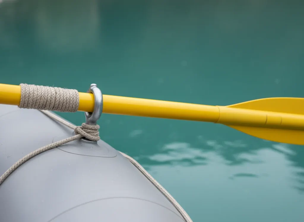 A clear view of an oar in an oarlock, illustrating the inboard and outboard sections used to calculate length and leverage.