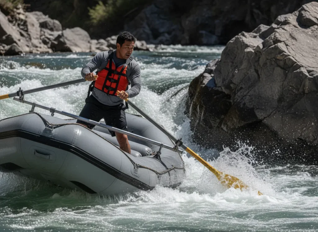 An expert male guide in his 30s executes an advanced oar rig maneuver in a technical river rapid.