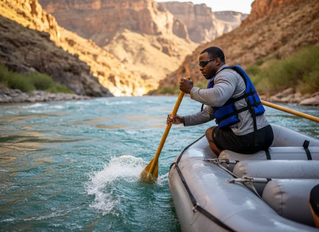 A focused male guide powerfully rows an oar rig, demonstrating the proper technique for executing a back ferry across a river.