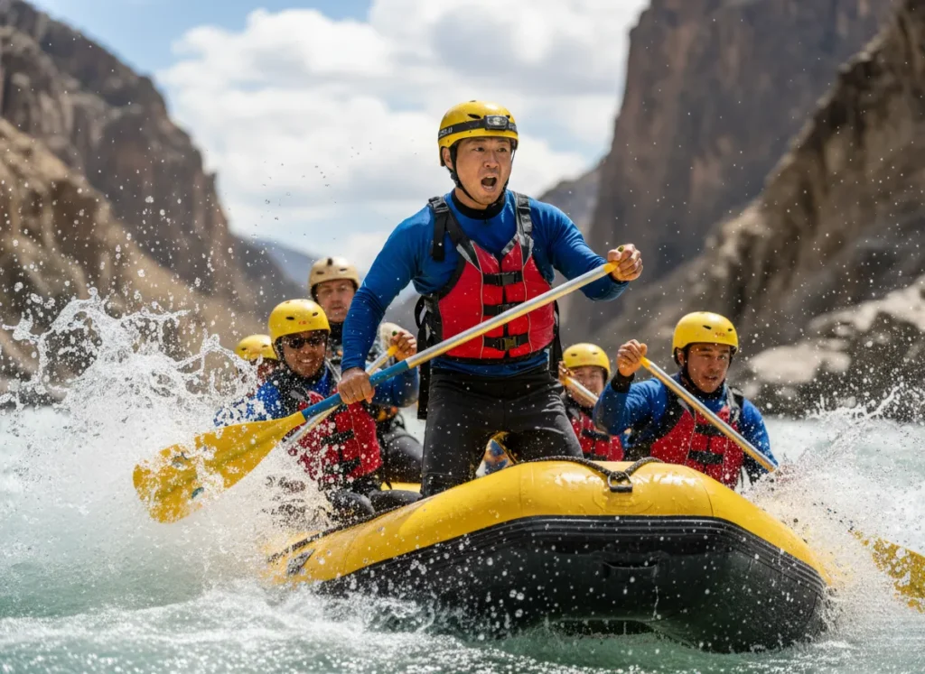 A rafting guide shouts commands to his team as they navigate a challenging whitewater rapid.
