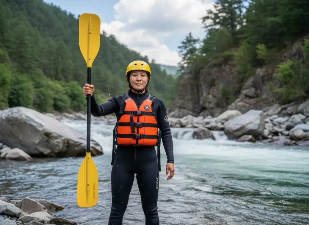 A female river guide stands on a riverbank and uses a universal paddle signal to communicate safety instructions to another boat.