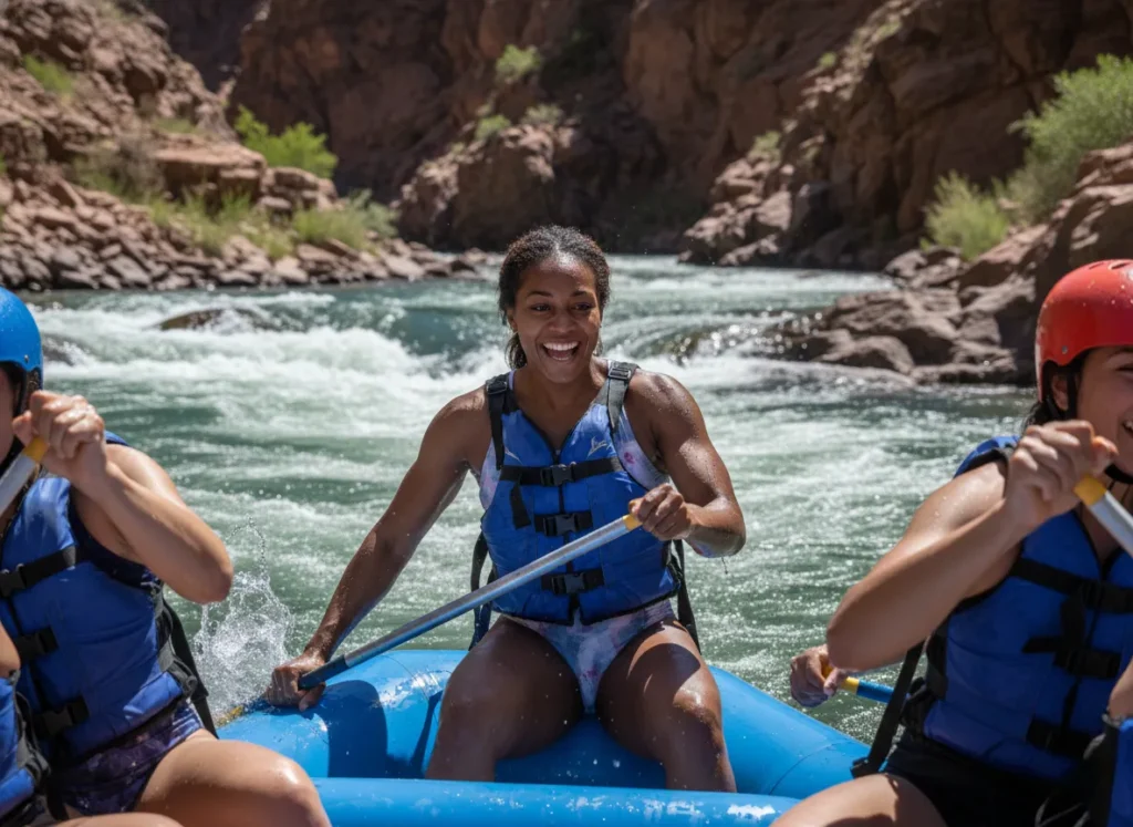 An athletic woman in her late 20s masters a forward paddle stroke while whitewater rafting with a group.