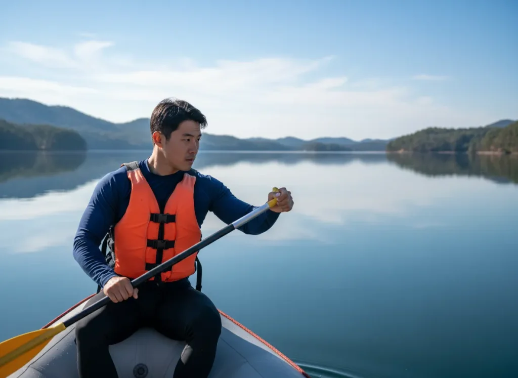 A man demonstrating a perfect rafting paddle stroke with core rotation while seated in a raft on calm, flat water.