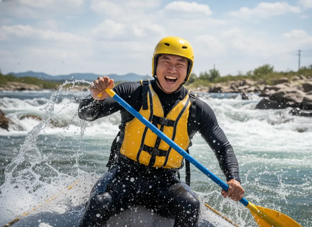 A male rafter performs a high paddle brace in a rapid, using the paddle to maintain his balance in the boat.