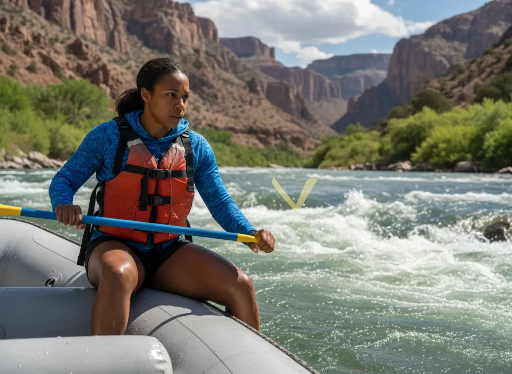 An focused Afro-American woman in a raft carefully reads the whitewater current ahead of her before navigating a rapid.
