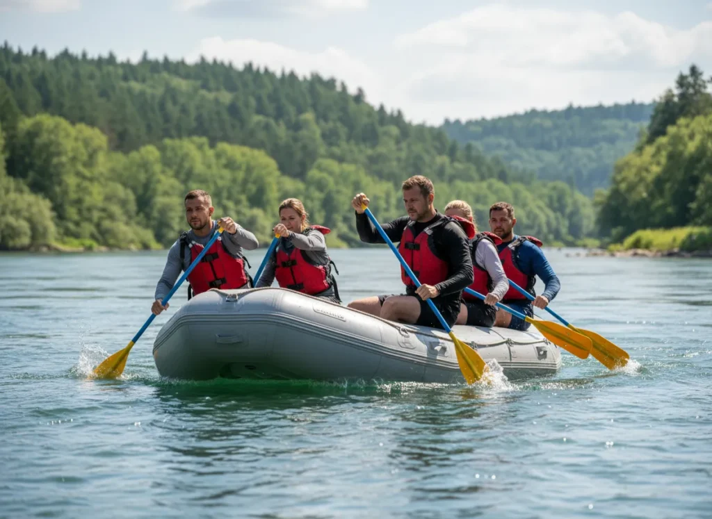 A team of four rafters in a raft paddling in perfect synchronization on a calm river, demonstrating teamwork.
